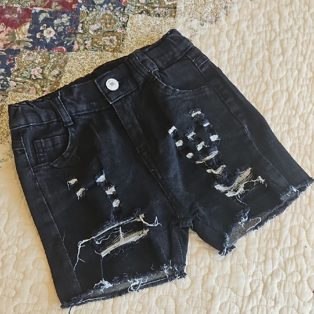 Girls Distressed Black Denim Shorts